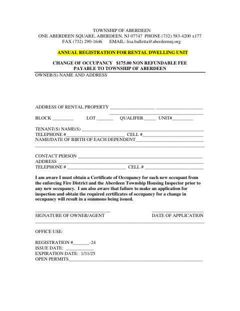 First page of the Annual Registration for Rental Dwelling Unit Change of Occupancy