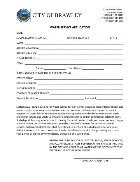 First page of the Water Service Application