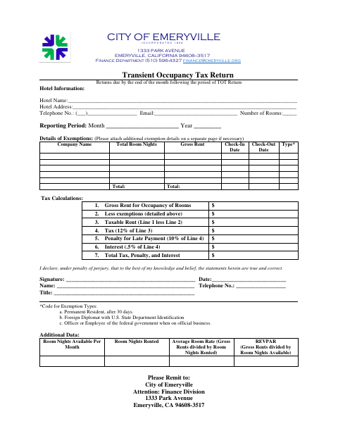 First page of the Transient Occupancy Tax Return