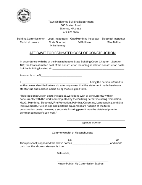 First page of the Affidavit for Estimated Cost of Construction