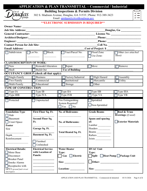 First page of the Commercial and Industrial Application and Plan Transmittal