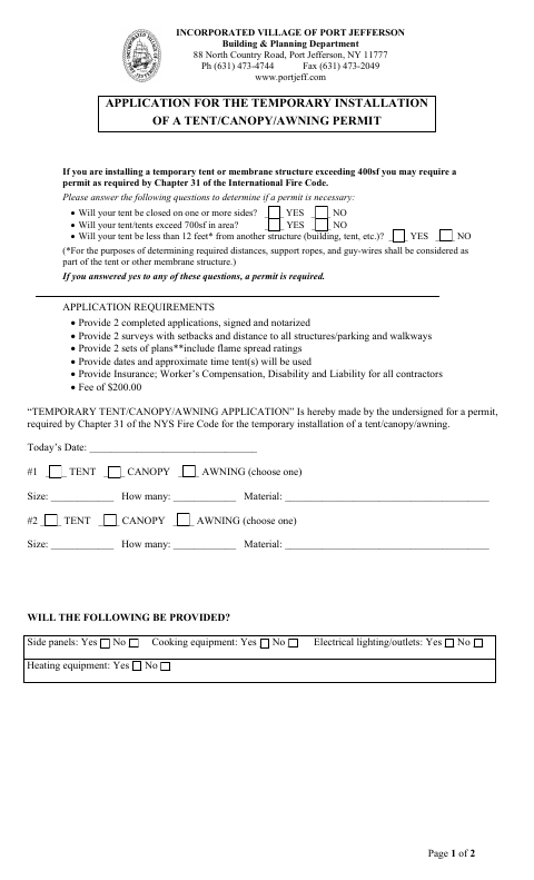 First page of the Temporary Tent, Canopy or Awning Permit Application