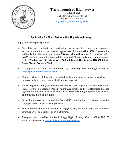 First page of the Application for Block Parties Within Hightstown Borough