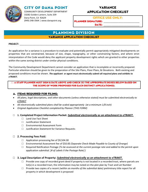 First page of the Variance Permit Checklist