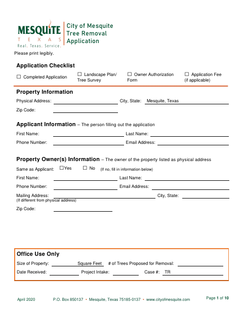 First page of the Tree Removal Application