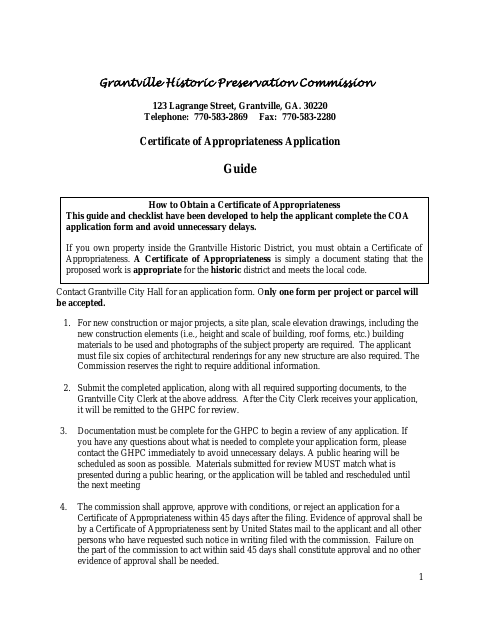 First page of the Certificate of Appropriateness Application