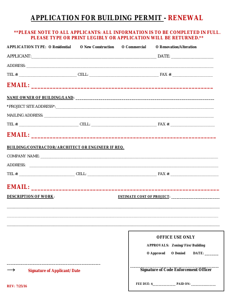First page of the Building Permit Renewal Application