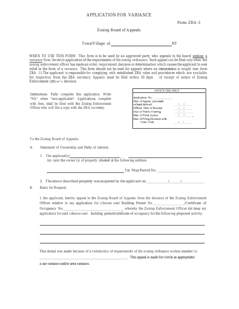 First page of the Application for Variance