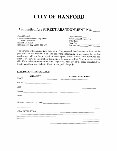 First page of the Street Abandonment Application