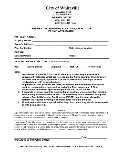 First page of the Residential Swimming Pool, Spa, or Hot Tub Permit Application