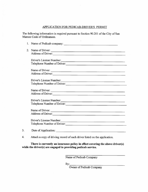 First page of the Pedicab Driver's Permit Application