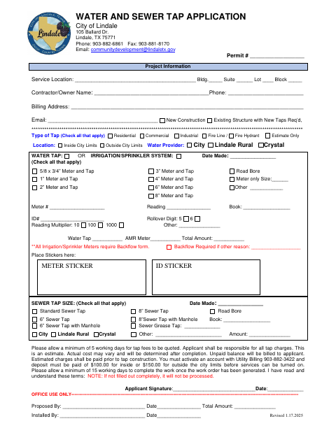 First page of the Water and Sewer Tap Application