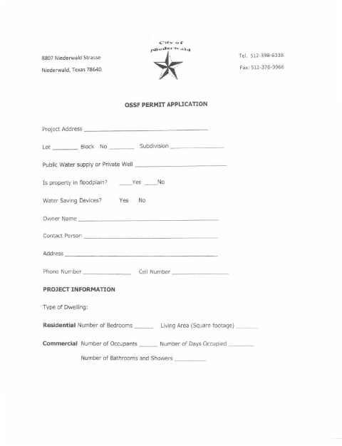 First page of the OSSF (Septic) Permit Application