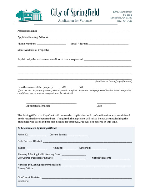 First page of the Variance Request Zoning Application