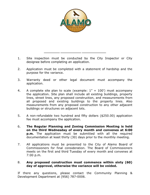 First page of the Variance Request Application