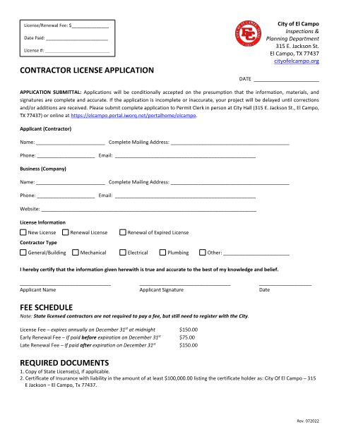 First page of the Contractor License Application