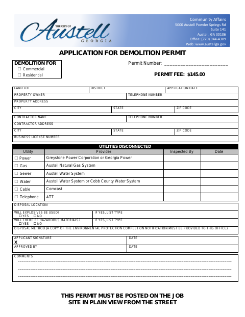 First page of the Application for Demolition Permit