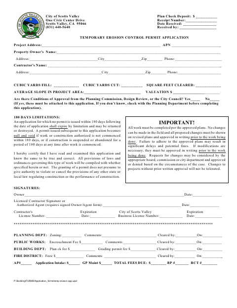First page of the Temporary Erosion Control Permit Application
