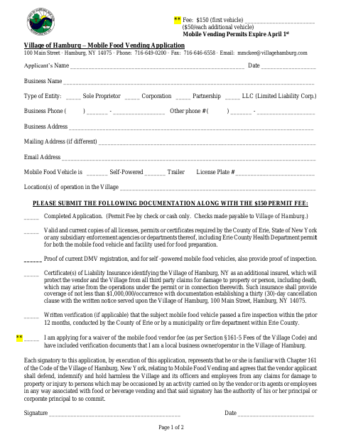 First page of the Mobile Food Vending Application