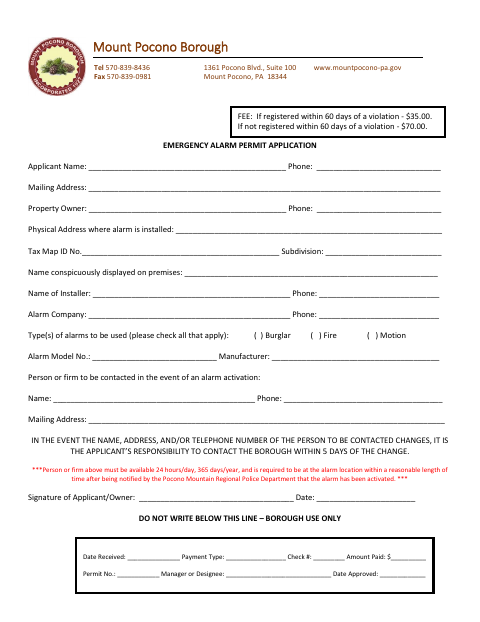 First page of the Emergency Alarm Permit Application