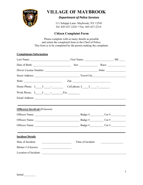First page of the Citizen Complaint Form