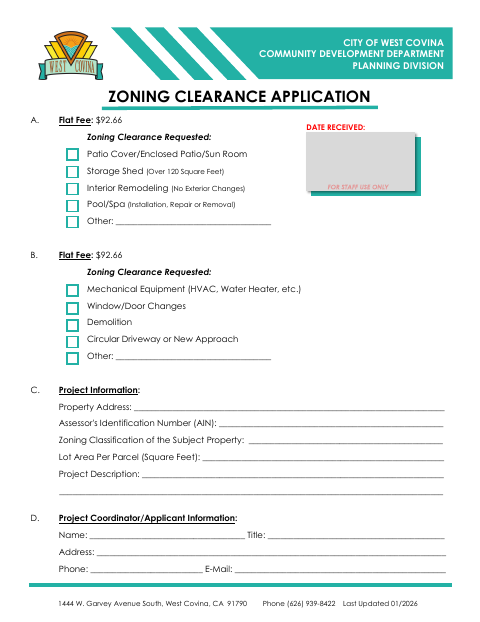 First page of the Zoning Clearance Application