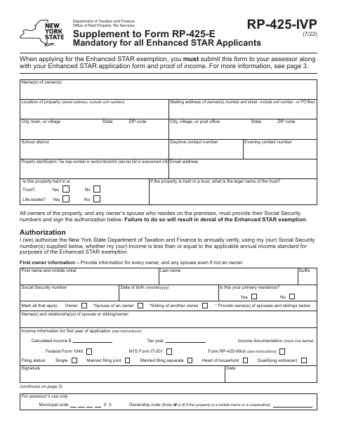 First page of the Supplement to Form RP-425-E