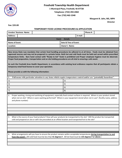 First page of the Temporary Food License Procedures and Application