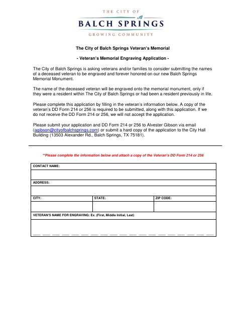 First page of the Veteran’s Memorial Engraving Application