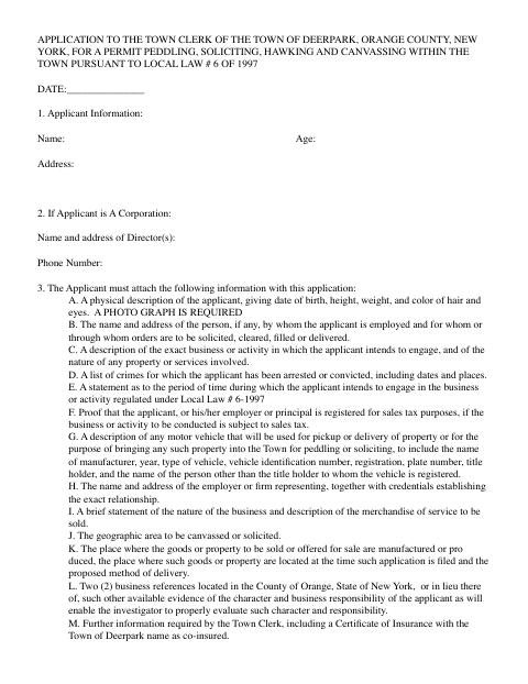 First page of the Peddling and Soliciting Permit Application