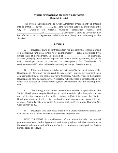 First page of the System Development Fee Credit Agreement for Arterial Streets