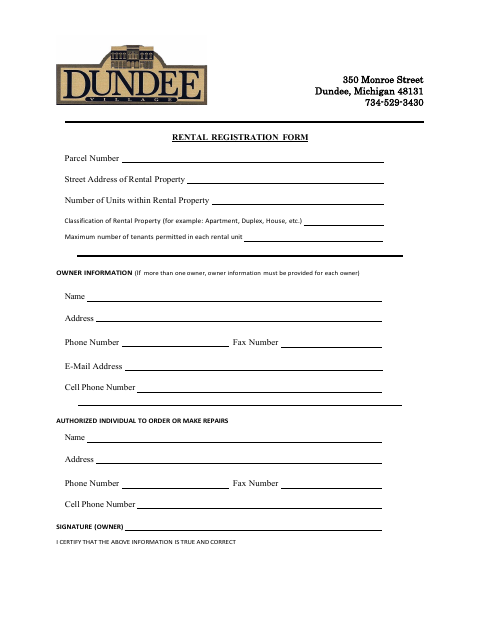 First page of the Rental Registration Form