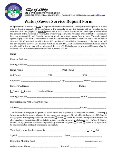 First page of the Water/Sewer Service Deposit Form