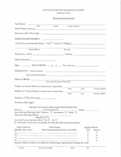 First page of the Application Worksheet for Marriage License