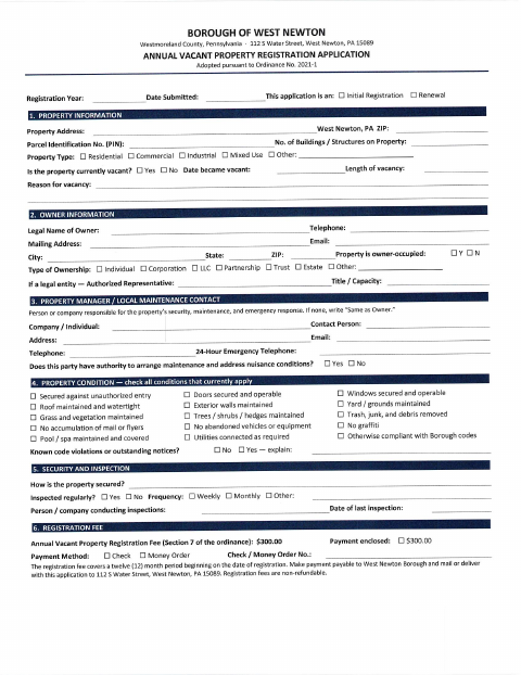 First page of the Annual Vacant Property Registration Application