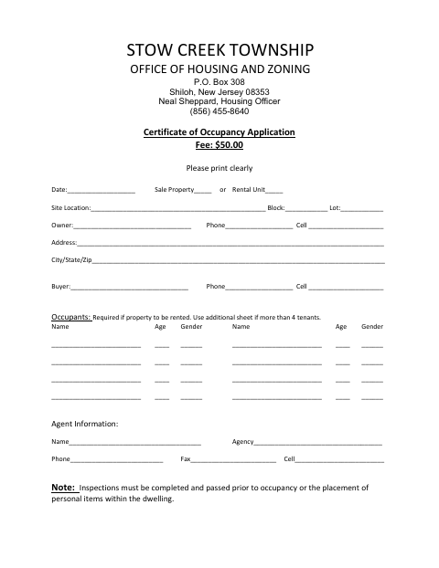 First page of the Certificate of Occupancy Application