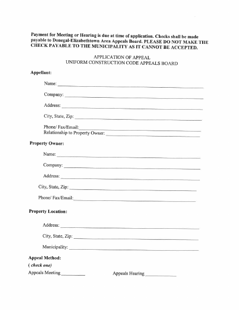 First page of the UCC Board of Appeals Application