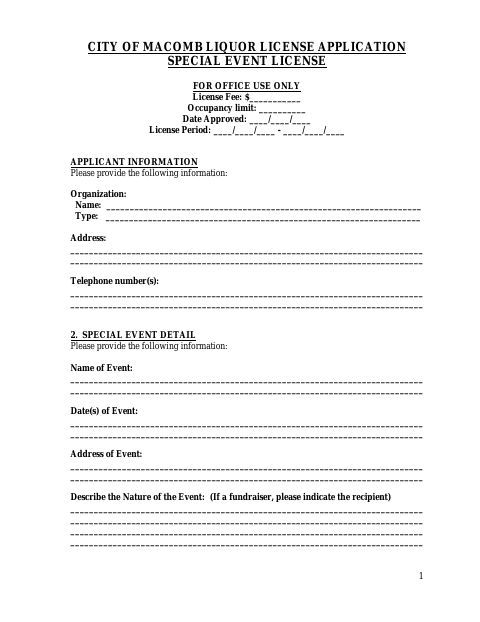 First page of the Special Event Liquor License Application