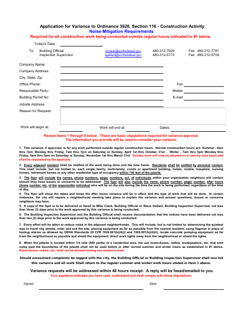 First page of the Application for Variance to Ordinance 3928, Section 116 – Construction Activity