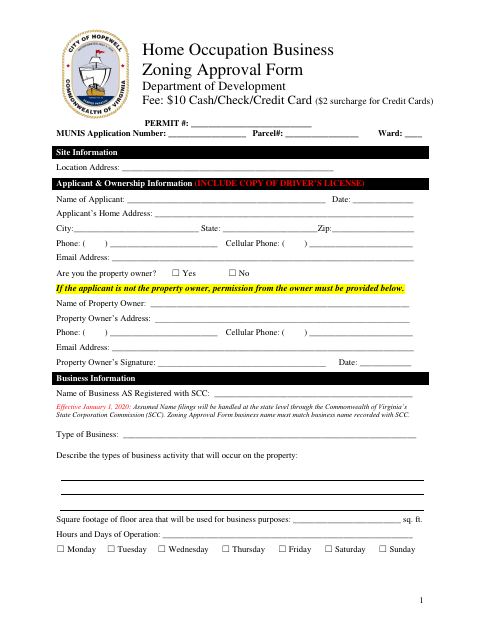First page of the Home Occupation Business Zoning Approval Form