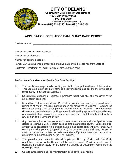 First page of the Application for Large Family Day Care Permit