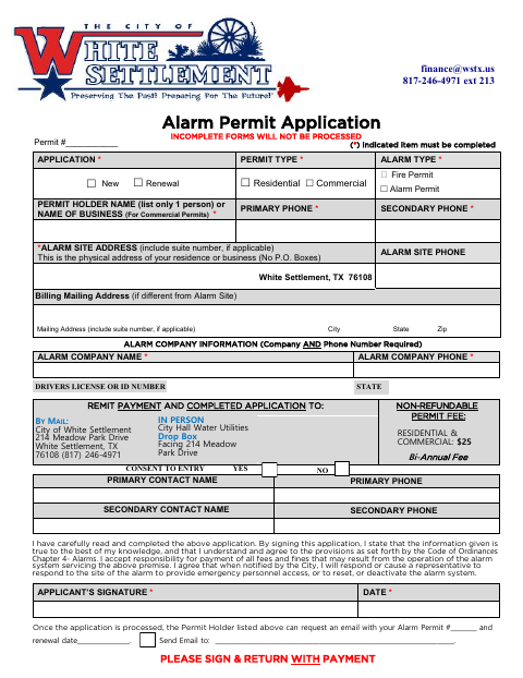 First page of the Alarm Permit Application