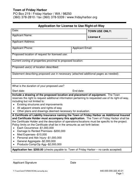 First page of the Application for License to Use Right-of-Way