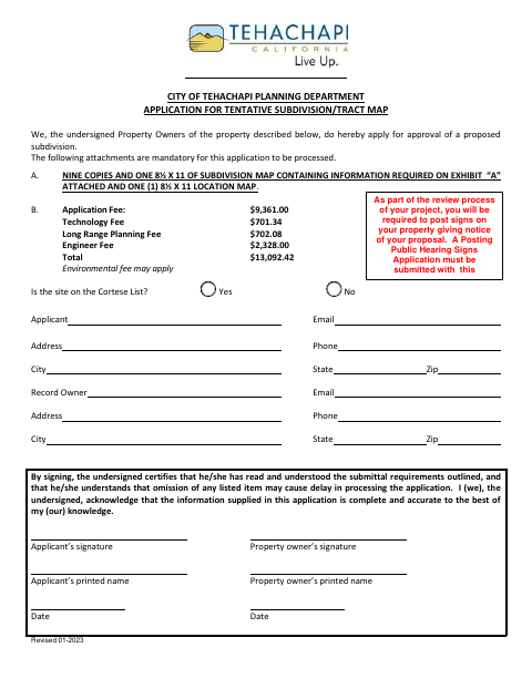 First page of the Application for Tentative Subdivision/Tract Map