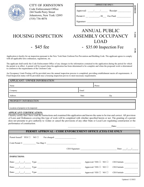First page of the Housing Inspection Annual Public Assembly Occupancy Load