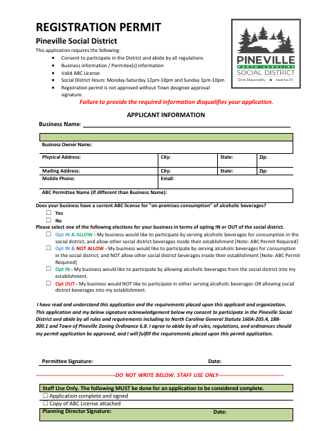 First page of the Pineville Social District Registration Permit
