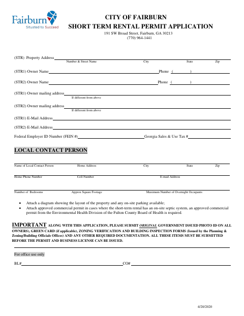 First page of the Short Term Rental Permit Application
