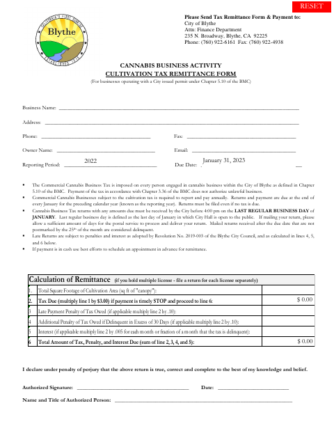 First page of the Cannabis Business Activity Cultivation Tax Remittance Form