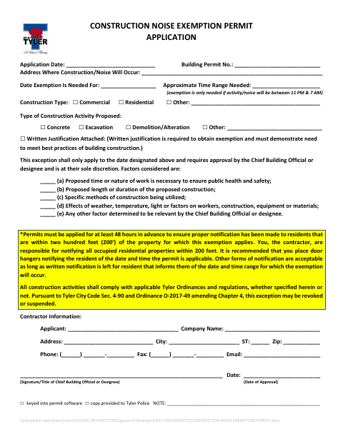 First page of the Construction Noise Exemption Permit Application