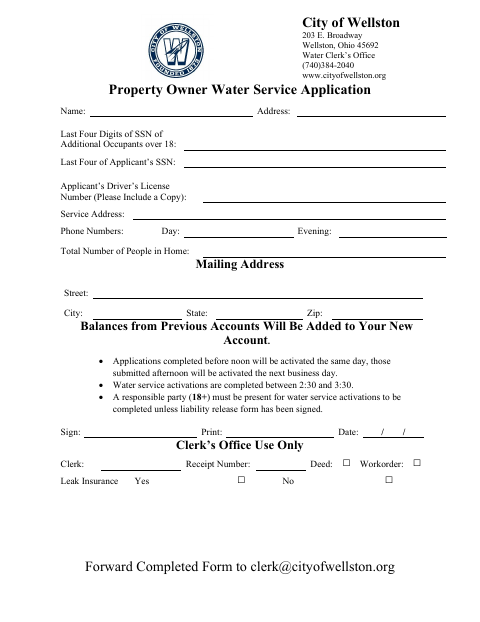 First page of the Property Owner Water Service Application